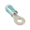 RING TERMINAL/#6 stud/tab size, female, insulated, blue, tin plating, copper material, nylon insulation, 21.82 mm in length, 300 VAC. For use with 16-14 gauge wire.,36158